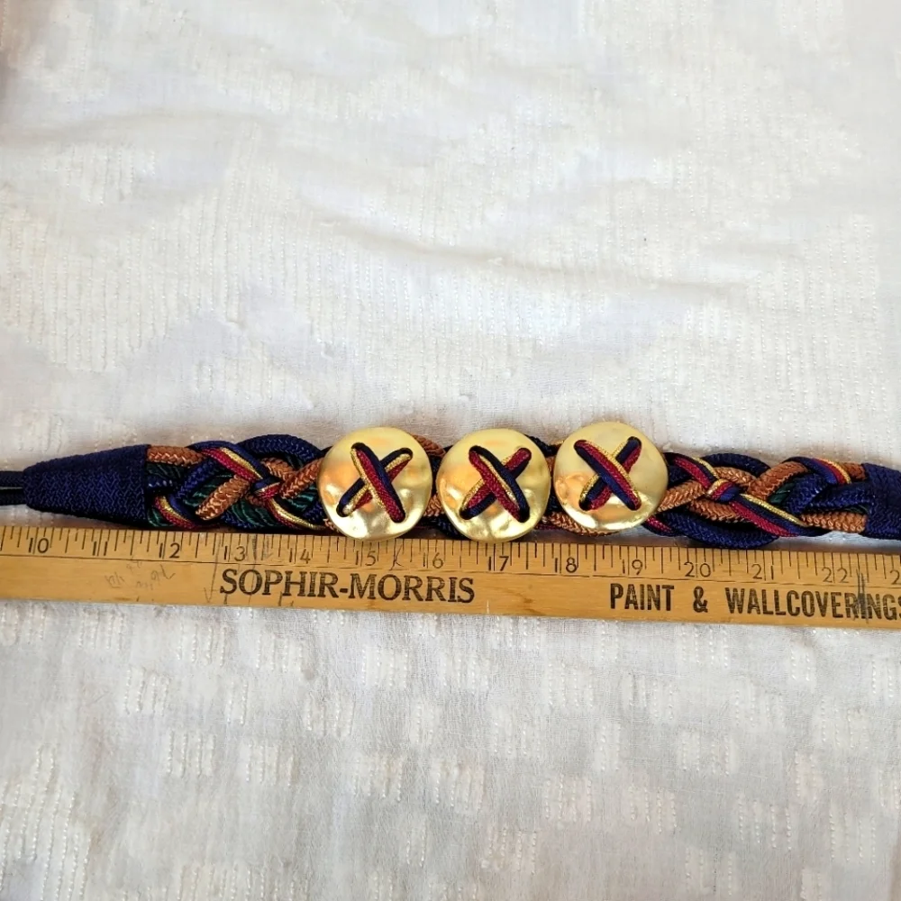 Vintage 80's navy maroon green gold braid woven belt three circle gold accents M